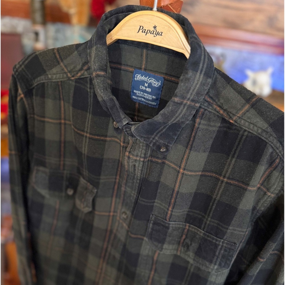 Faded Glory Mens Green Black Plaid Flannel Button Down Shirt Size M Grunge